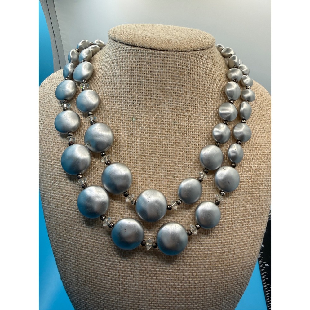 Vintage Double Strand Silver Tone Disc Bead Necklace Clear Crystal‎ Spacers 17in